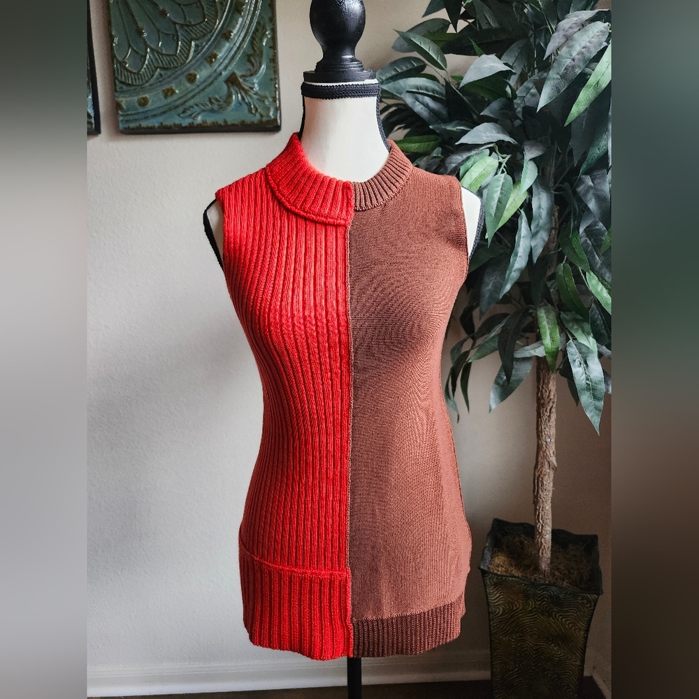 Marina Moscone Sleeveless Patchwork Pullover Sweater - Poppy Brown XS